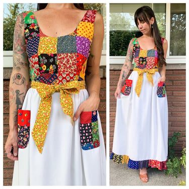70s patchwork and white maxi dress 