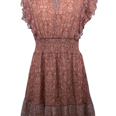 Intermix - Clay Brown & Beige Paisley Print Silk Mini Dress Sz 6