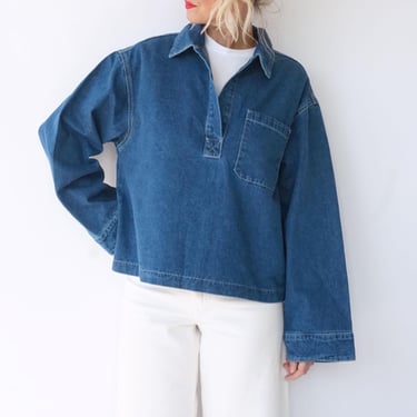 Vintage Medium Denim Lightweight Popover Tunic Shirt | Cotton Henley Pullover | Artist Studio Top 