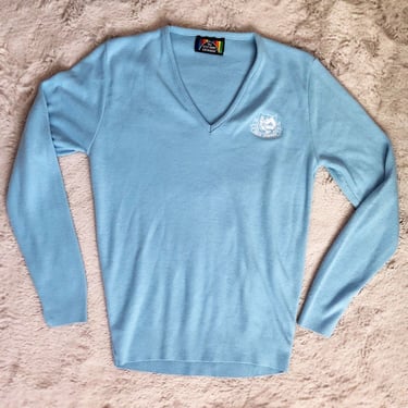 1960's Vintage PALM SPRINGS CA, Light Sky Blue Sweater, V Neck, Pullover, 1970s, baby blue mens vintage tennis sweater, acrylic 