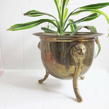 Vintage Aged Brass Footed Pot with Lions Head - 1970s Raised Gold Metal Plant Pot 4.5 Diameter - Hollywood Regency Decor 