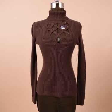 Brown Y2K Crisscross &amp; Rhinestone Ribbed Turtleneck By Caché, S