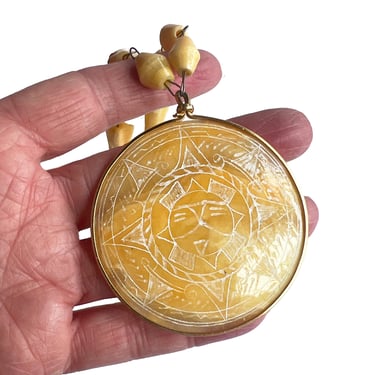 Vintage Mexican Marble Necklace with Etched Sun,-Handcrafted Ethnic Jewelry, Vintage Jewelry, Vintage  Pendant, Real Stone Jewelry 