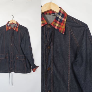 Vintage 70s Deadstock Flannel Plaid Collar And Cuffs Dark Denim Chore Snap Jacket Size L 