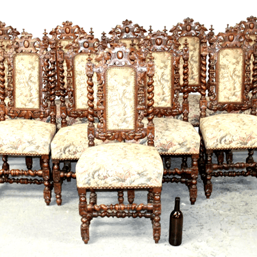 Chairs, French, Set of Ten, Carved Oak, Upholstered, with Barley Twist, 1800's!
