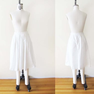 Vintage 80s White Culotte Skirt Shorts 26 Small - 1980s High Waist Pleated Long Skort Knee Length Skirt  - Cottage Core Romantic 