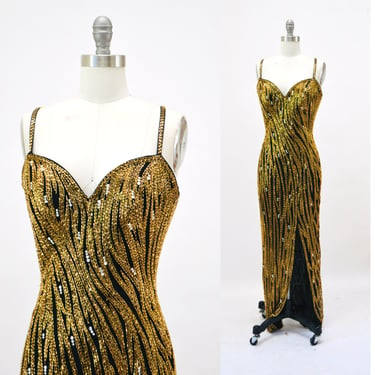 80s 90s Vintage Beaded Sequin Gown Dress By Bob Mackie Gold Black Tiger Stripe Long Sleeve Sequin Gown BoB Mackie Cher Sequin Dress Small 