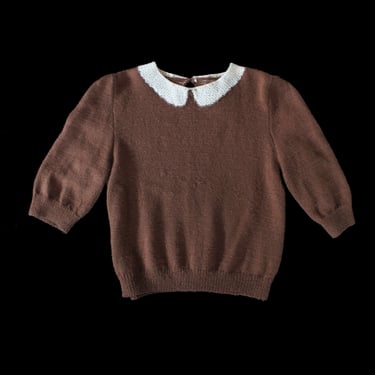 Vintage Sweater Top / 90s Brown and White Mohair Fuzzy Pullover Short Sleeve Knit 