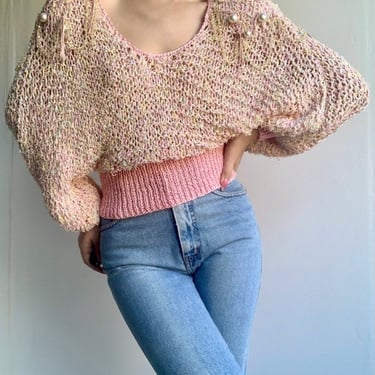 Pink Multicolor Sweater with Embellished Shoulders by VintageRosemond