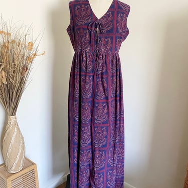 70's Vintage Block Printed Cotton Dress, Maxi Dress, M 