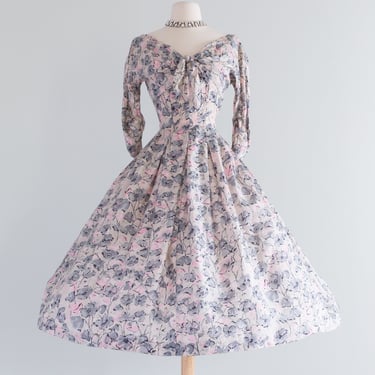 Stunning 1950's Suzy Perette Pink &amp; Grey Print Silk Party Dress / Small