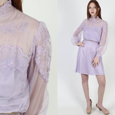 70s Violet Floral Sheer Embroidered Lace Disco Party Mini Dress 