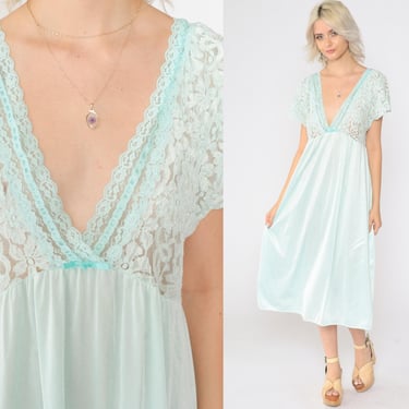 80s Aqua Lace Nightgown Slip Dress Sheer Midi Lingerie Vintage 1980s V Neck High Waist Nightie Seafoam Romantic Short Flutter Sleeve Medium 