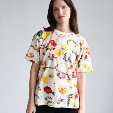 Vintage GUCCI 1990s Flora Print Cotton Top in Floral + Logo + Butterfly and Sailboat Print sz M 60s 70s GG Monogram T Shirt 