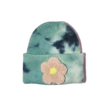 Teal Tie-Dye Tufted Beanie, flower, gift for a girl, gift for a guy, 