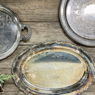 Large Oval Vintage Silver Tray | Oval Silver Tray | Scalloped Edge Oval Large Silver Serving Tray | Tarnished Silver Collector | Serving 
