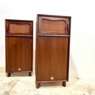 Vintage 1950s Mid Century Modern Broyhill Tall Nightstands with Basket Weave 
