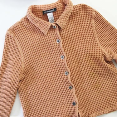 90s Waffle Knit Jacket M - Vintage 1990s Brown Eathtone Button Up Boxy Jacket - Minimalist Clothing - Textured Cotton Jacket 