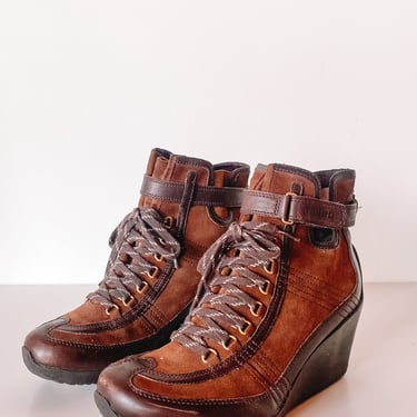 Brown Leather Wedge Sneakers, sz. 9