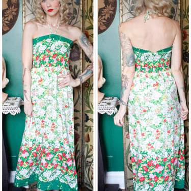 1970s Maxi Dress // Floral Cotton Halter Maxi Dress // vintage 70s maxi dress 