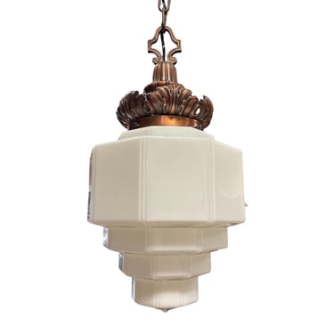 Art Deco Copper Acanthus Leaf Hanging Pendant Light w/ Stepped Milk Glass Shade 
