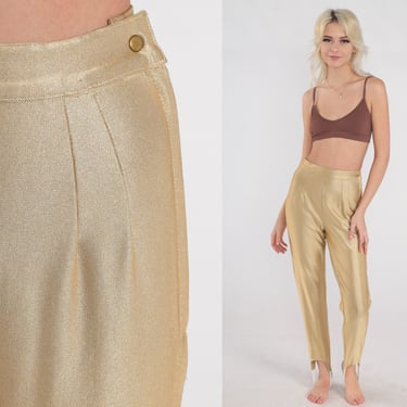 Gold Stirrup Pants 80s Metallic Leggings Sparkly High Waisted Tapered Trousers Retro Festival Slim Skinny Leg Vintage 1980s Extra Small xs 