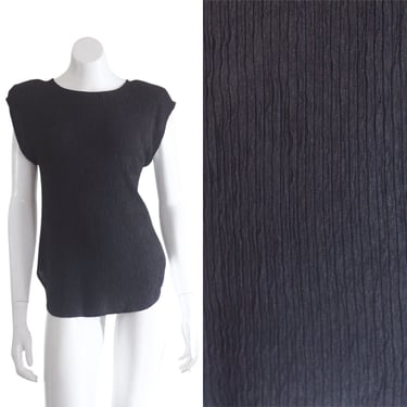 1990s Black Ribbed Top with Shoulder Pads 