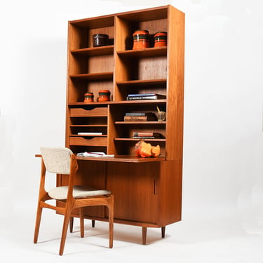 Danish Modern Teak 2-Pc Locking Secretary Top w 42″ Sliding Door Cabinet.