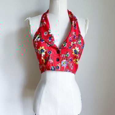 Vintage 1970s Red Floral Halter Crop Top / youth L or women XS-S 