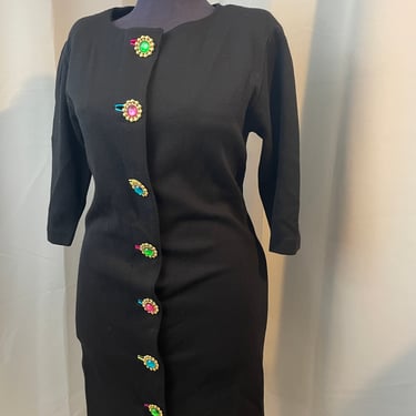 80s Neon Rainbow Button Dress Black knit stretch Kidcore L 