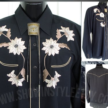 Chute #1 Vintage Men's Cowboy & Rodeo Shirt, Black with Embroidered White and Beige Flowers, Tag Size 16-35, approx. Med. (see meas. photo) 