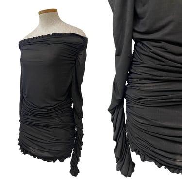 Vtg 00s Y2K Era Italian Designer Ferre LBD Black Ruched Cold Shoulder Mini Dress 