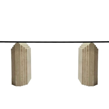 Travertine Double Pedestal and Glass Dining Table, Italy 1970