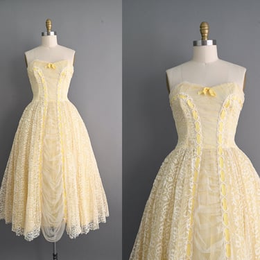 vintage 1950s Yellow Tulle Strapless Party Dress - Size Medium 