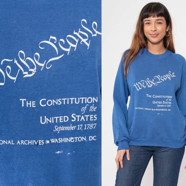 We The People Sweatshirt 80s US Constitution Sweatshirt National Archives Washington DC Blue Raglan Sleeve 1980s Vintage Graphic Medium 