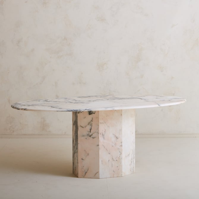 Oval Pink Portuguese Marble Dining Table with Faceted Base, Spain 1970s