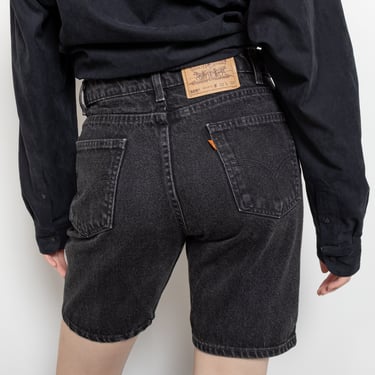 505 LEVI'S LONGLINE BERMUDA black denim jean shorts women Boyfriend Fit vintage / 40 41 Inch Hips / Size 8 9 