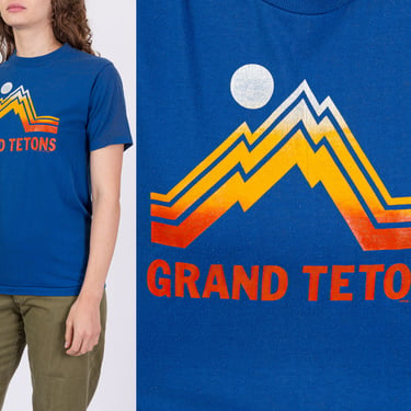80s Grand Tetons Tourist T Shirt - Unisex Small | Vintage Blue Graphic Wyoming National Park Tee 
