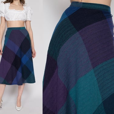 Medium 70s Dark Plaid A Line Midi Skirt 28" | Vintage Blue Purple Green Preppy High Waisted Flowy Pocket Skirt 