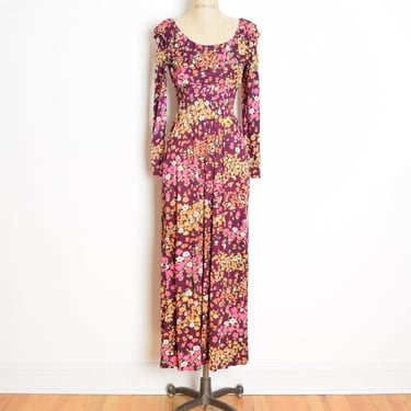 vintage 70s dress hippie boho cottagecore burgundy floral print ruffle maxi S clothing 
