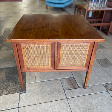 Mid Century Walnut Side Table with Cane Doors Designed by Jack Cartwright for Founders