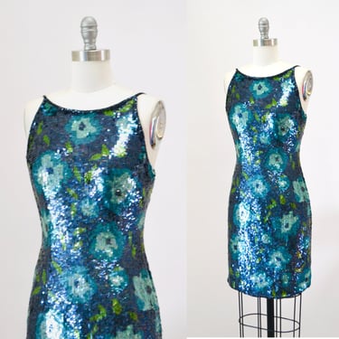90s 00s Vintage Blue Green Sequin Tank Dress XS Small Metallic Dress Floral Pattern Sequin Party Cocktail Short Tank Dress Adrianna Papell 
