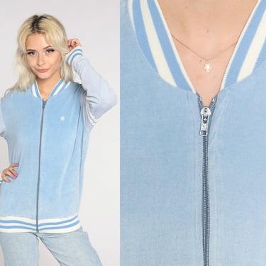 Terry Cloth Track Jacket 80s Baby Blue Zip Up Jacket Retro Striped Tracksuit Warmup Streetwear Stranger Things Vintage 1980s Medium M 