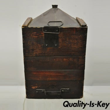 Antique Export Tin Metal Transport 5 Gallon Canister Container with Wood Case
