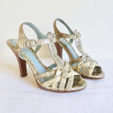 Lambertson Truex Size 37.5, 7 US Snakeskin Leather High Heel Sandals Wooden Heels and Soles Italian Luxury Shoes Made in Italy 