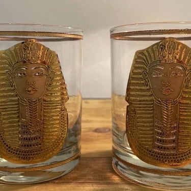 Culver Vintage Egyptian King Tut Elegant Glass 22kt Gold Emblem Low Ball Lot 2 | Culver Barware | Gold Culver Egyptian King Pharaoh Glasses 