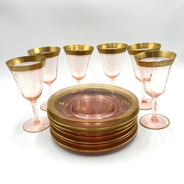 Tiffin Franciscan Rambler Rose Pink Water Goblets and Luncheon Plates, Set of 6, Pink Depression Glass, Gold Rim Rose Design Vintage Pink 