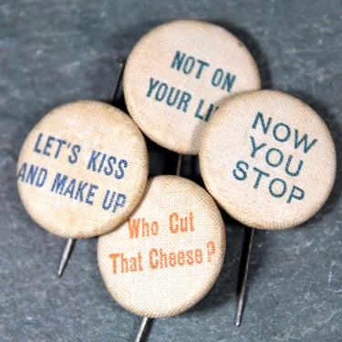 Antique Fabric Covered Pins with Sayings | Whimsical Buttons | Circa 1890s-1900s | Antique Buttons | Bixley Shop 