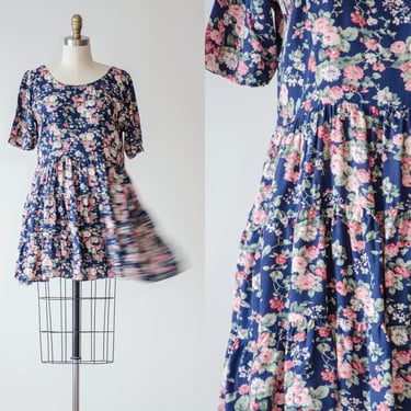 floral mini dress | 90s vintage All That Jazz navy blue pink green floral loose oversized tiered flowy short babydoll dress 