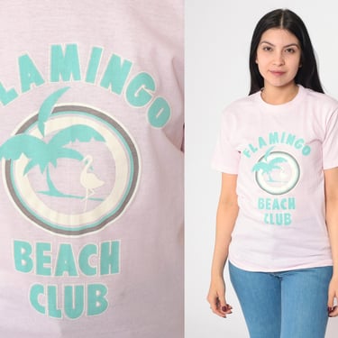 80s Pink Flamingo Shirt Flamingo Beach Club Shirt Bird Tee Baby Pink Single Stitch Tshirt Graphic Print Vintage Retro T Shirt Extra Small xs 